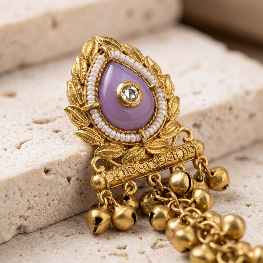 Lavender Cabochon & Antique Gold Waterfall Ghungroo Statement Earrings with Pearl Drop