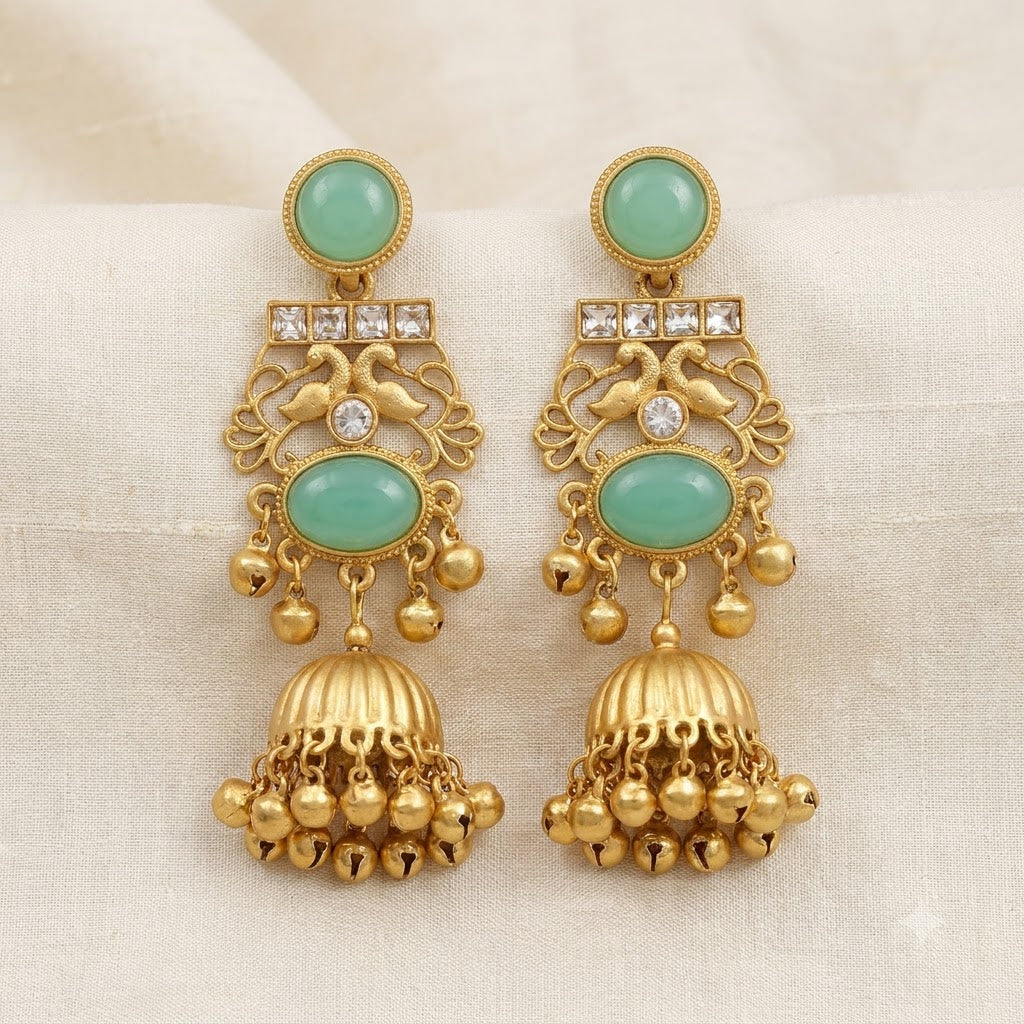 Mint Green Kundan Peacock Jhumka Earrings