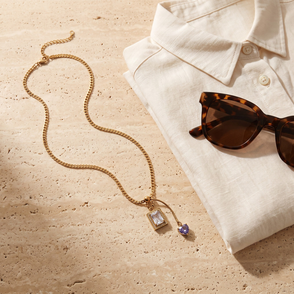 Dual-Charm Emerald Cut & Violet Heart Pendant Necklace