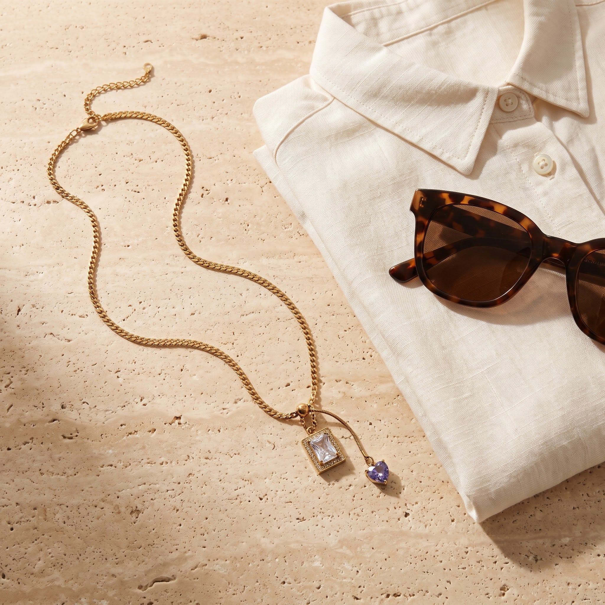 Dual-Charm Emerald Cut & Violet Heart Pendant Necklace