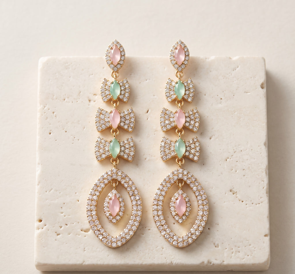 Pastel Pink & Mint Green Crystal Linear Tiered Statement Drop Earrings
