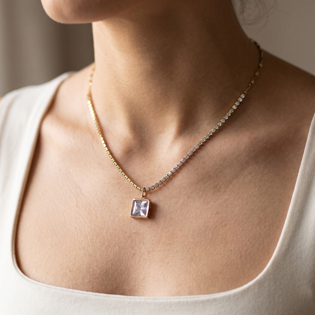 Aurelia Pavé Tennis Chain & Square Solitaire Drop Necklace Pendant