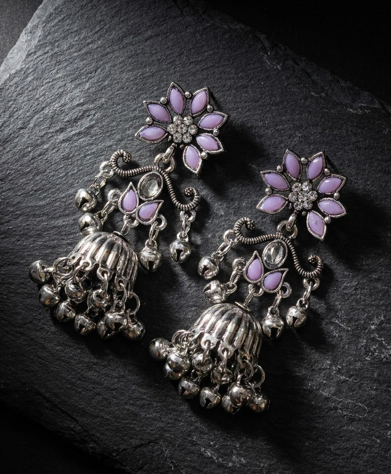 Lavender Floral Oxidised Silver Jhumka Earrings with Ghungroo Drops