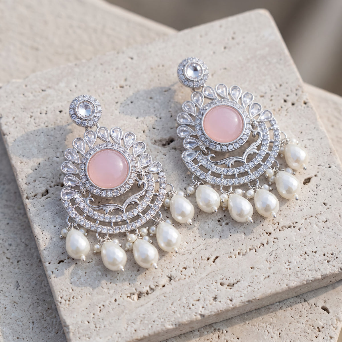 Pastel Pink Crystal Silver Chandbali Earrings with Pearl Drops