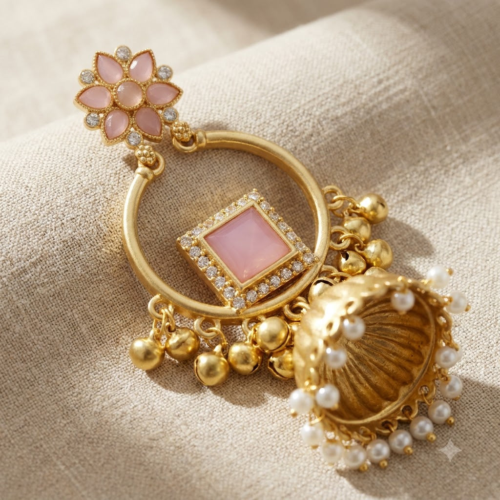 Pastel Pink Kundan Floral Jhumka Earrings with Pearl Drops