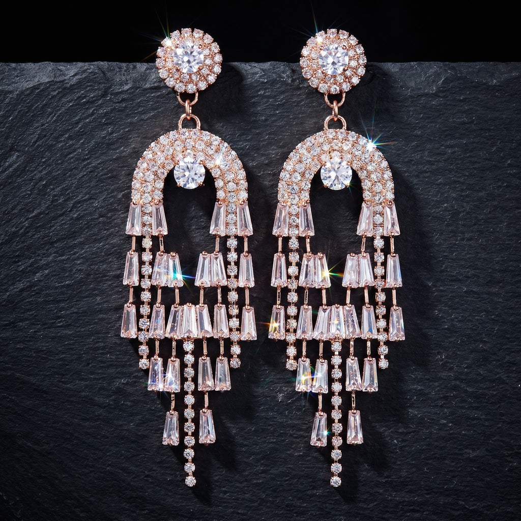 Rose Gold Baguette Crystal Waterfall Chandelier Statement Earrings