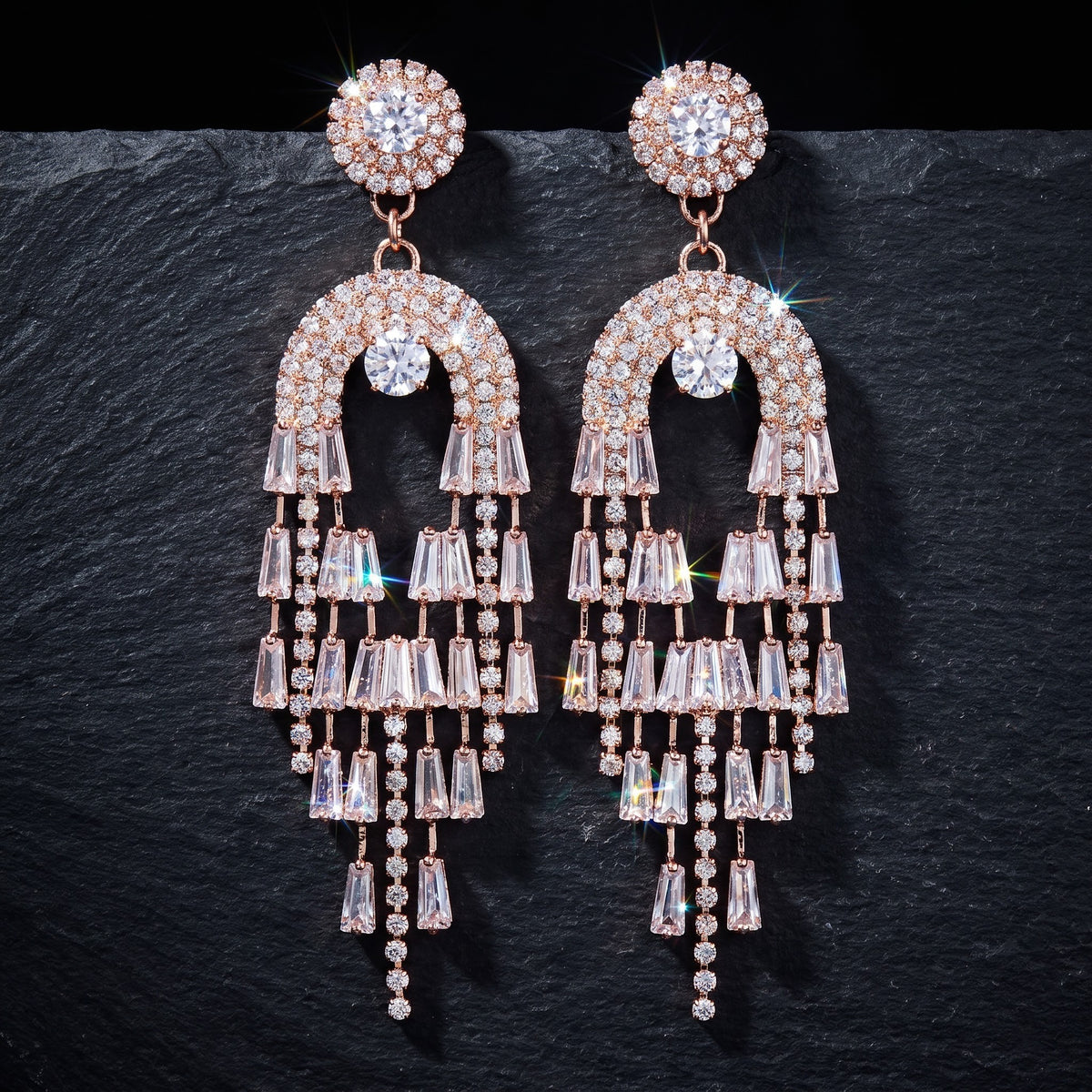 Rose Gold Baguette Crystal Waterfall Chandelier Statement Earrings