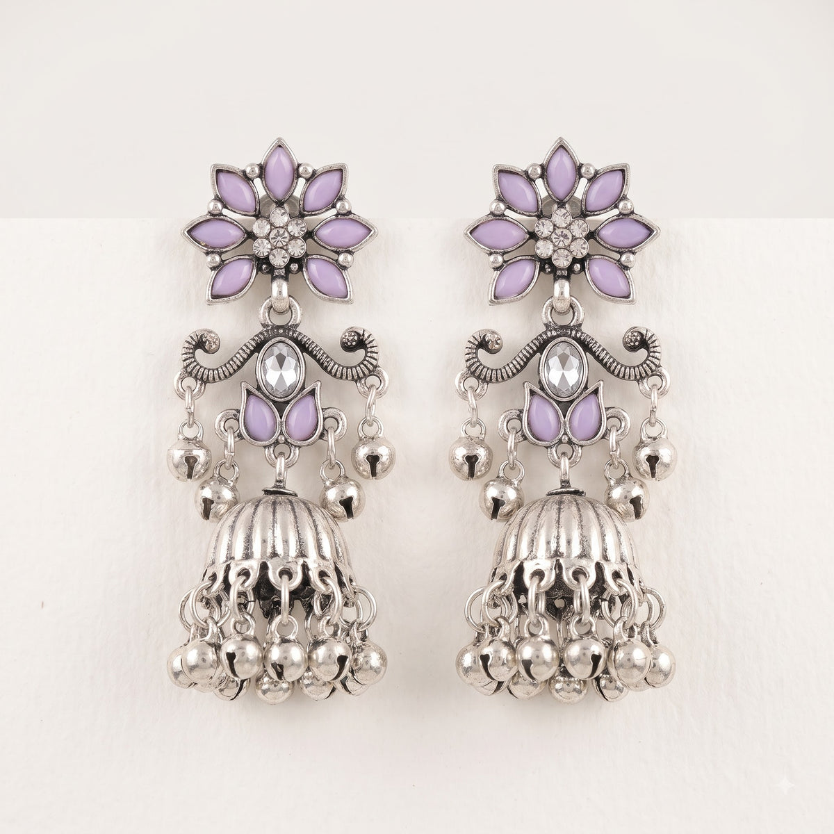 Lavender Floral Oxidised Silver Jhumka Earrings with Ghungroo Drops