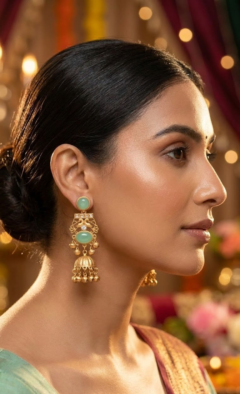 Mint Green Kundan Peacock Jhumka Earrings