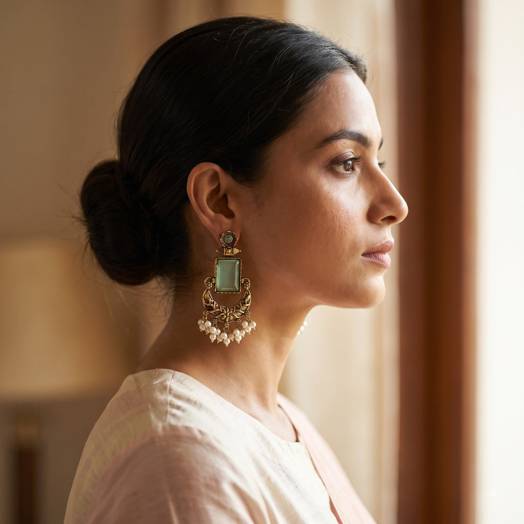 Mint Green Octagon Glass & Antique Gold Chandbali Statement Earrings with Pearl Clusters