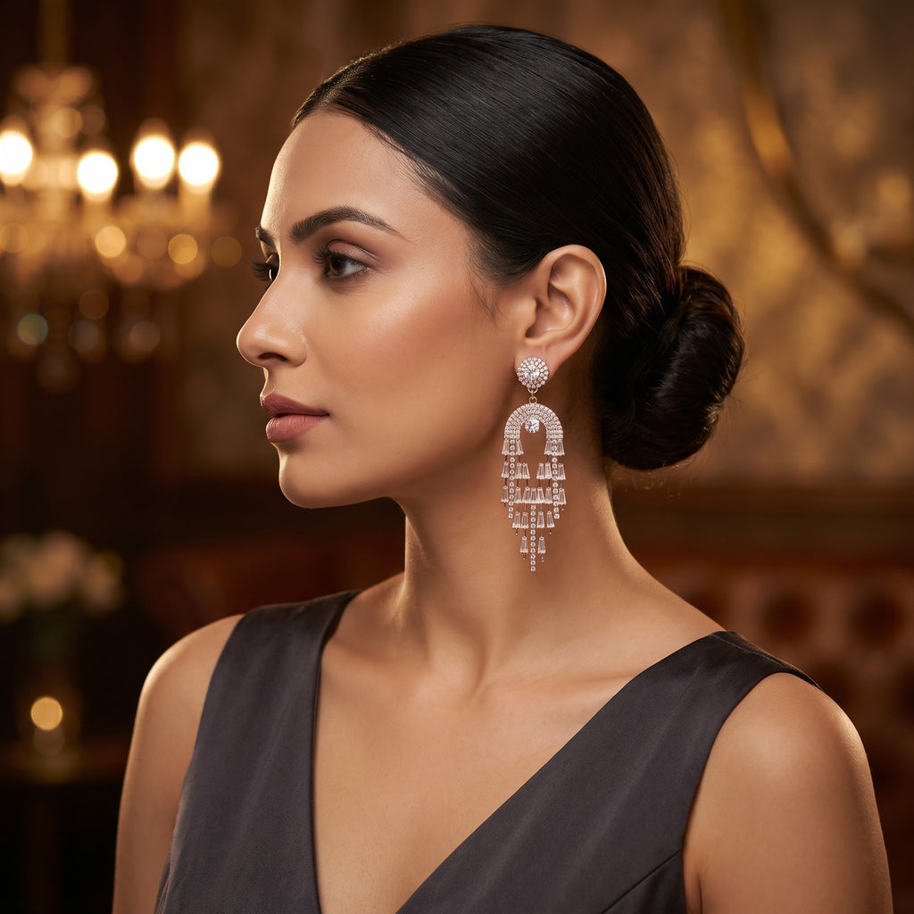 Rose Gold Baguette Crystal Waterfall Chandelier Statement Earrings