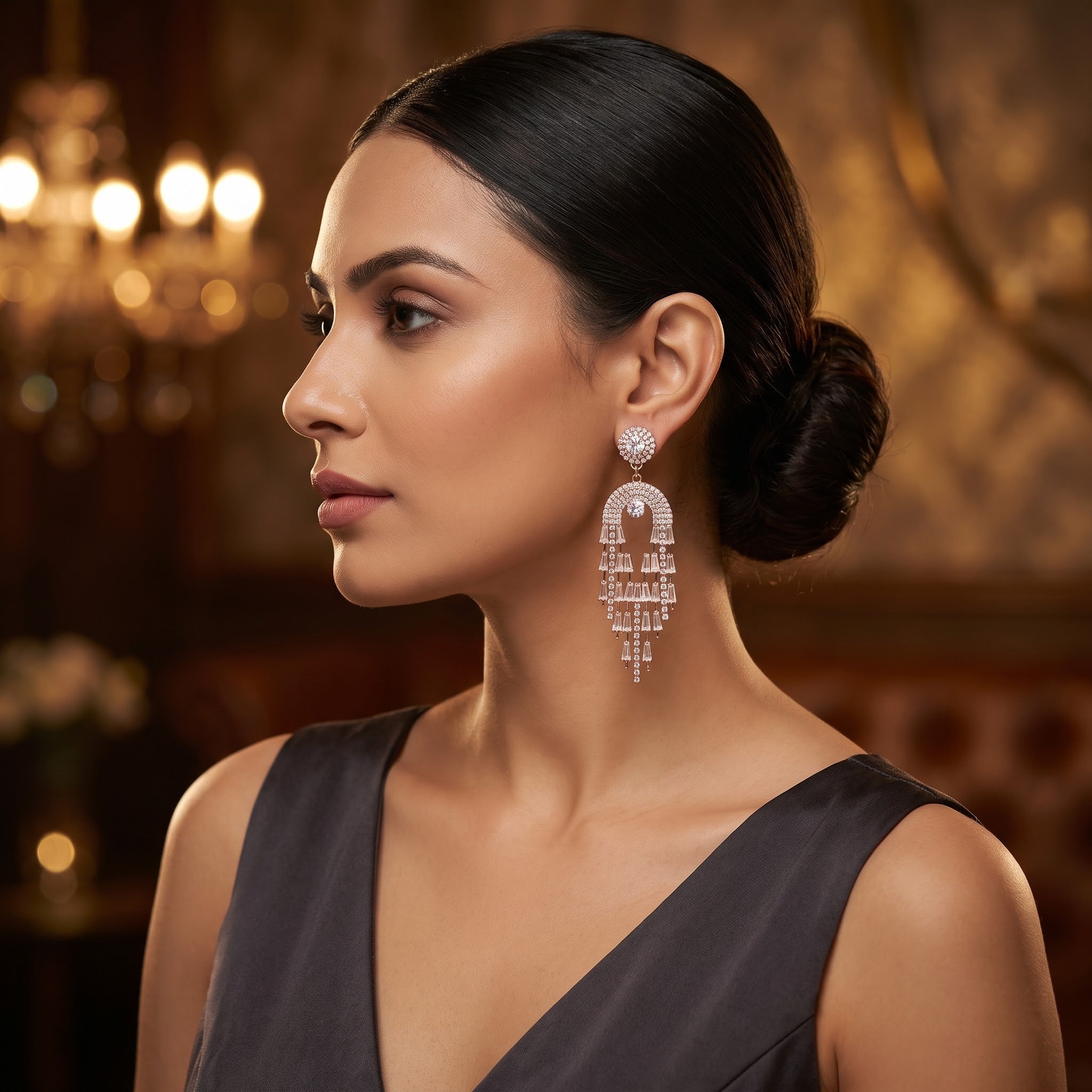 Rose Gold Baguette Crystal Waterfall Chandelier Statement Earrings