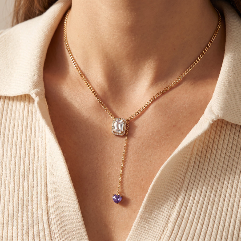 Dual-Charm Emerald Cut & Violet Heart Pendant Necklace