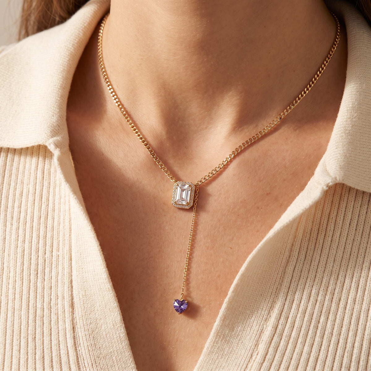 Dual-Charm Emerald Cut & Violet Heart Pendant Necklace