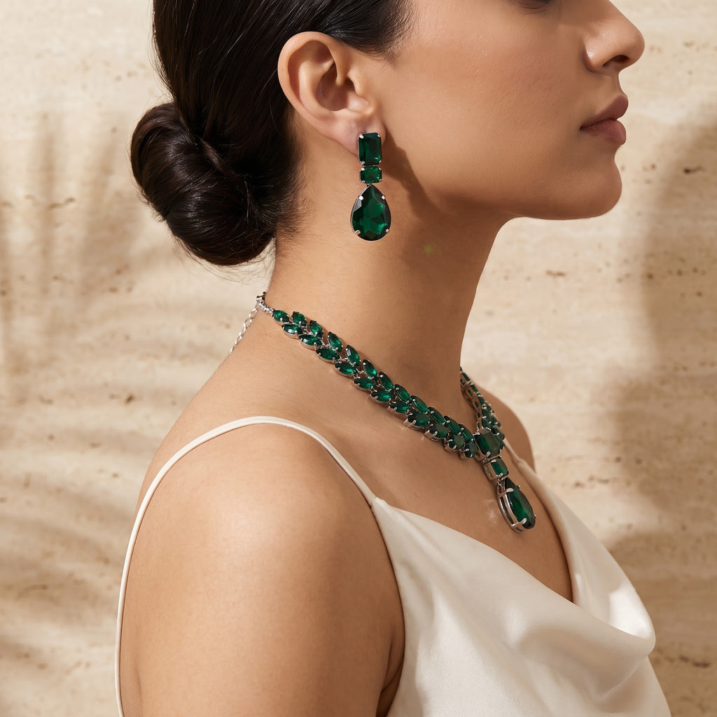 Emerald Majesty 3-Piece Crystal Jewellery Set (Necklace, Earrings & Ring)