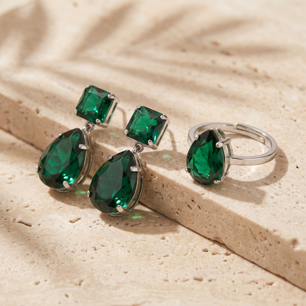 Emerald Majesty 3-Piece Crystal Jewellery Set (Necklace, Earrings & Ring)