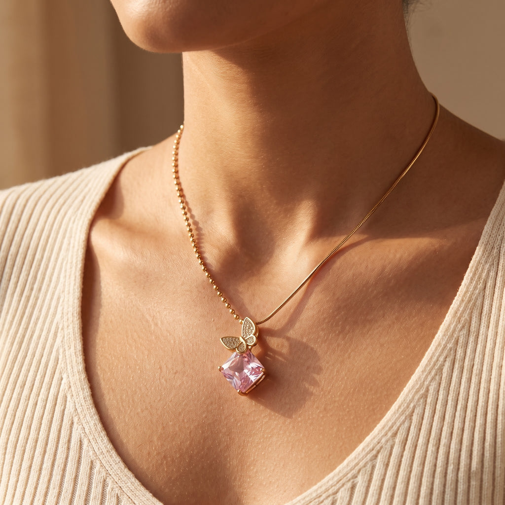 Pastel Pink Crystal & Pavé Butterfly Asymmetric Necklace Pendant