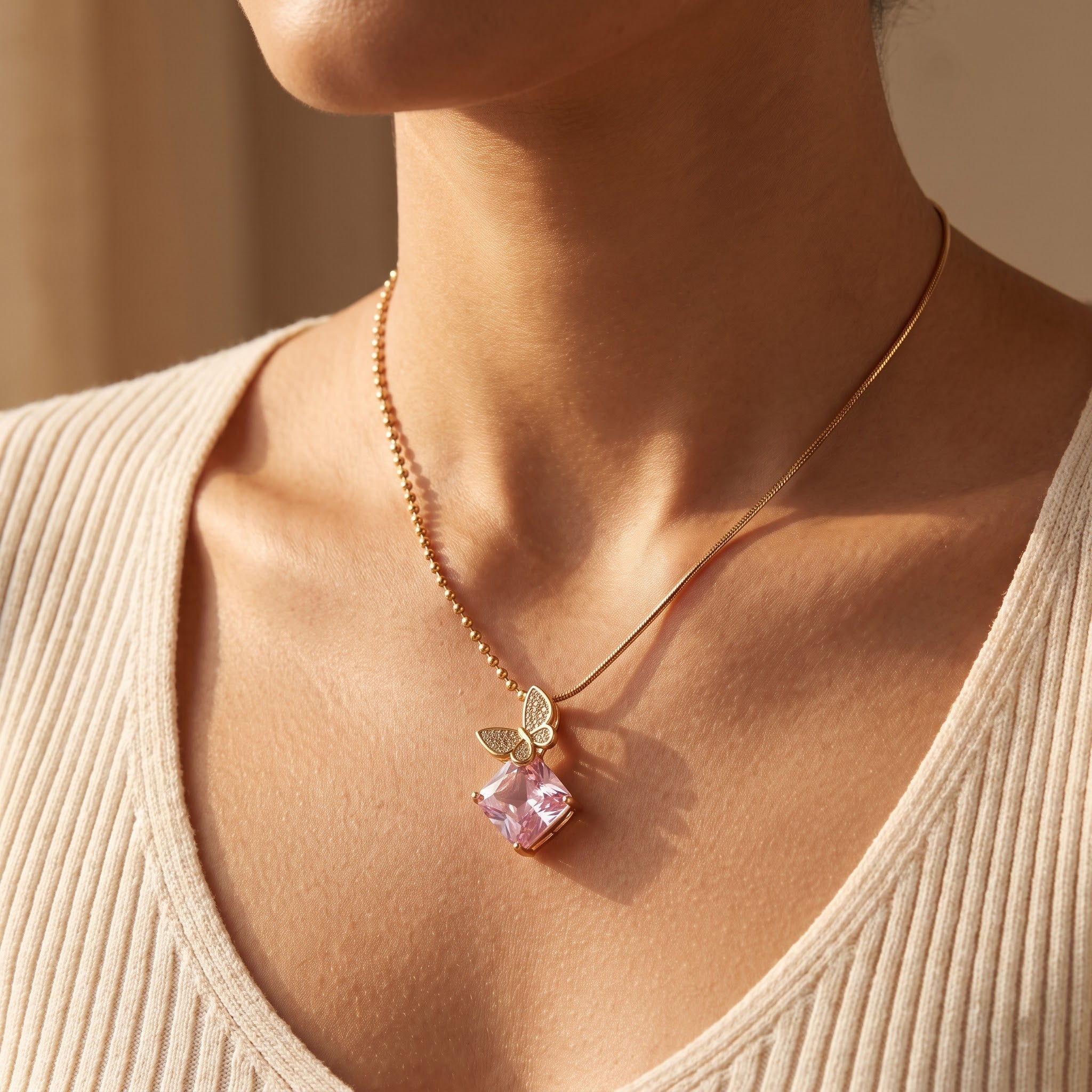Pastel Pink Crystal & Pavé Butterfly Asymmetric Necklace Pendant
