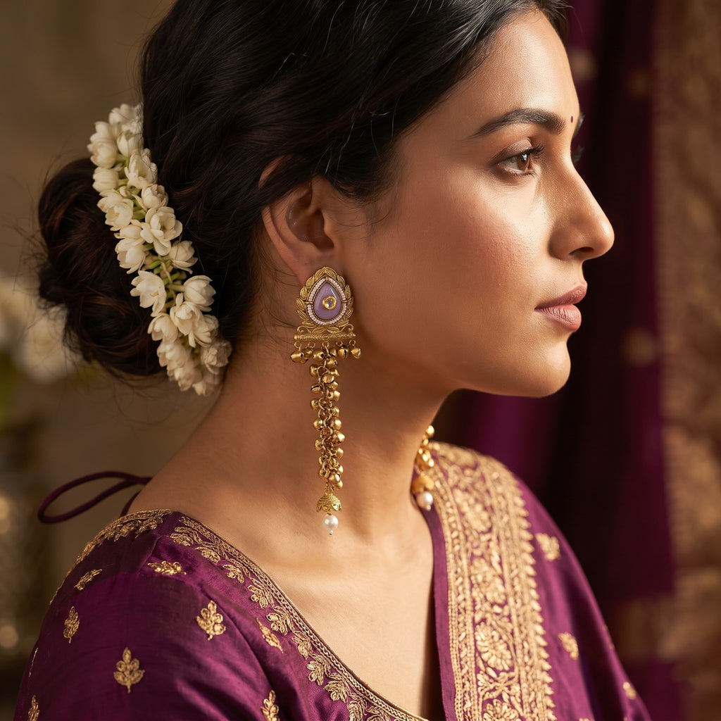 Lavender Cabochon & Antique Gold Waterfall Ghungroo Statement Earrings with Pearl Drop