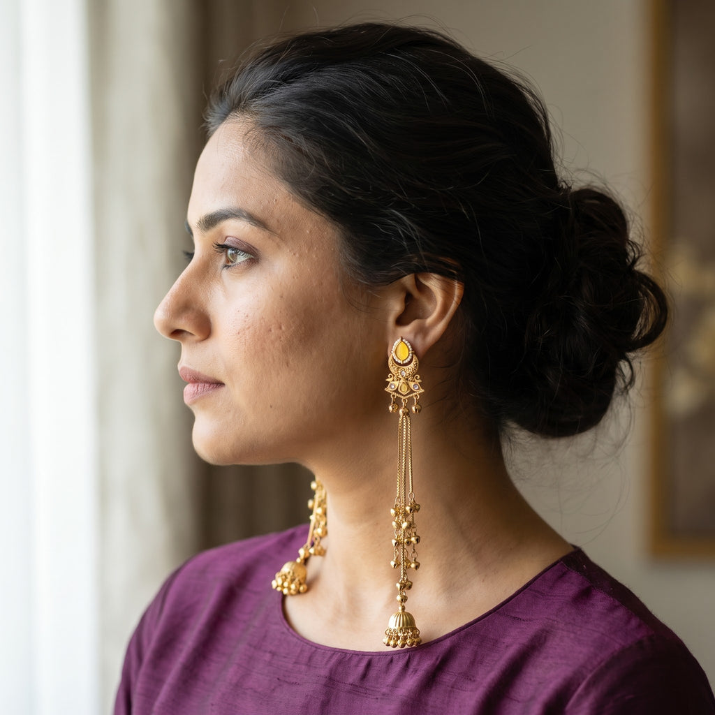 Antique Gold Canary Yellow Cabochon & Triple-Chain Waterfall Jhumka Earrings