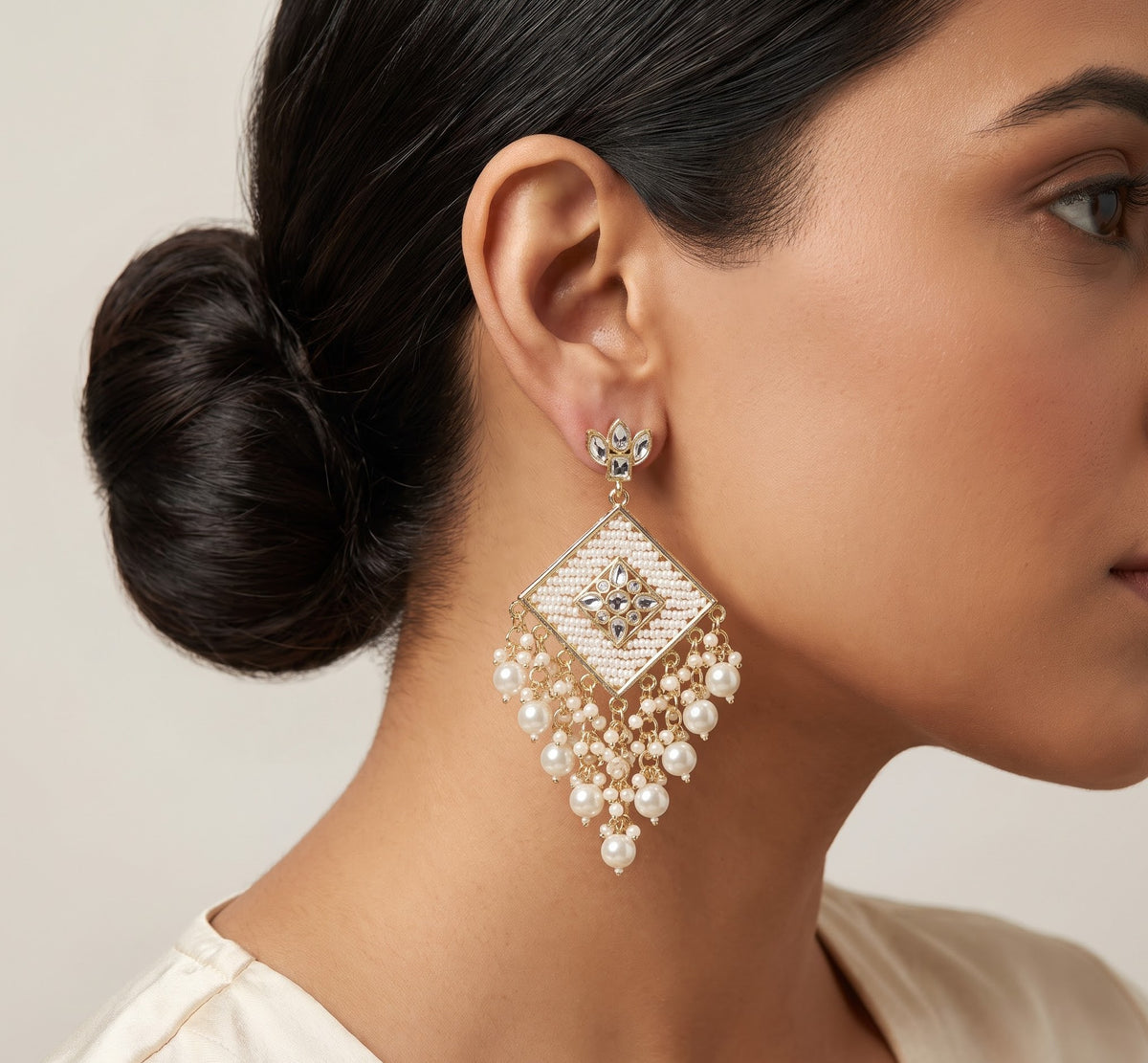 White Seed Pearl & Kundan Geometric Statement Earrings with Pearl Drops