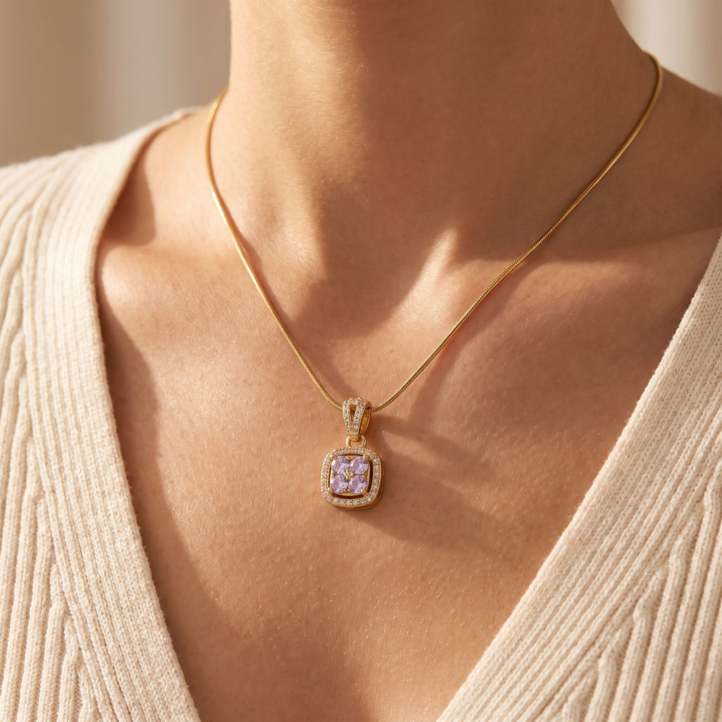 Lavender Crystal Cushion Halo Pendant Necklace