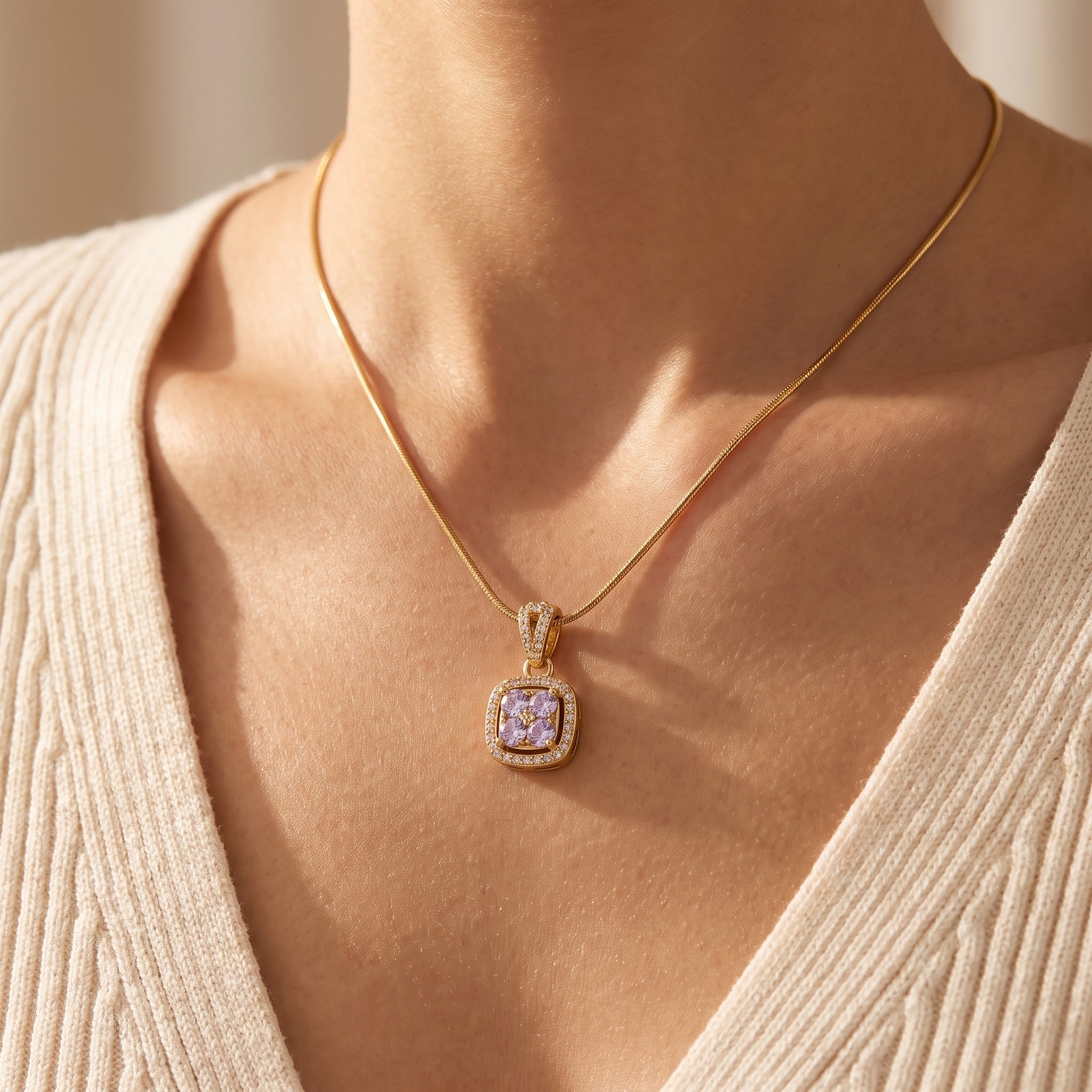 Lavender Crystal Cushion Halo Pendant Necklace