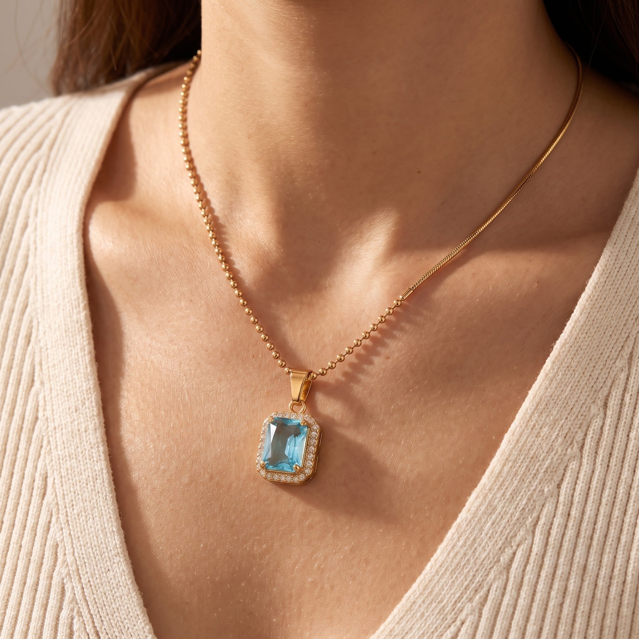 Aqua Crystal Emerald-Cut Halo Asymmetric Necklace Pendant
