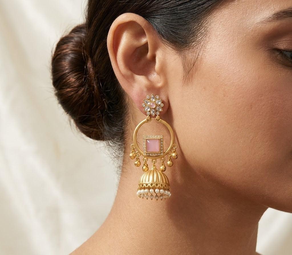 Pastel Pink Kundan Floral Jhumka Earrings with Pearl Drops